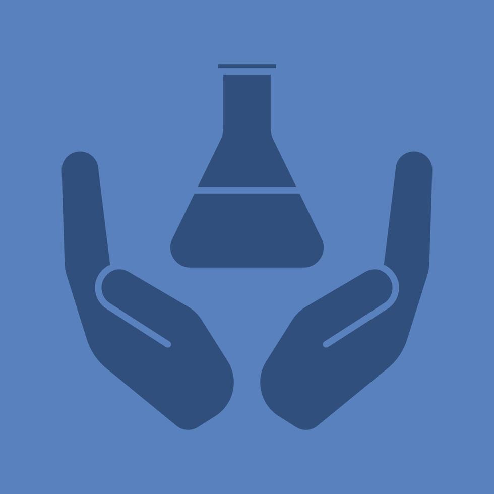 Open palms with lab flask glyph color icon. Silhouette symbol. Laboratory supplies. Negative space. Vector isolated illustration