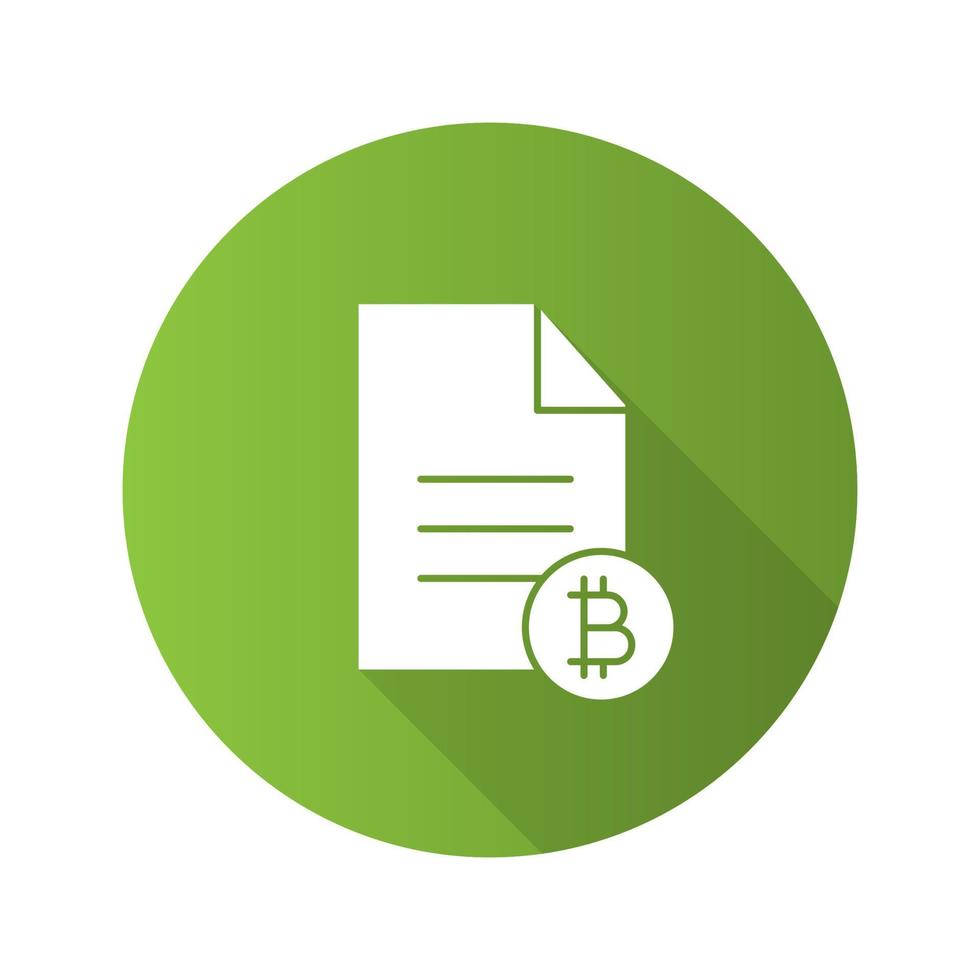 Bitcoin documentaries flat design long shadow glyph icon. Document with bitcoin sign. Vector silhouette illustration