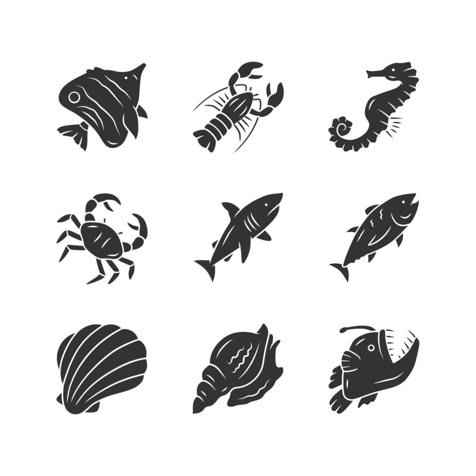 Marine animals glyph icons set. Swimming shark, anglerfish. Underwater creature. Aquatic organism. Seafood restaurant. Lobster, crab, tuna. Silhouette symbols. Vector isolated illustration