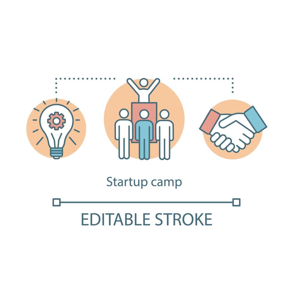 Startup company camp concept icon. Investors, shareholders help idea thin line illustration. Business employee bootcamp. Leadership school. Vector isolated outline drawing. Editable stroke