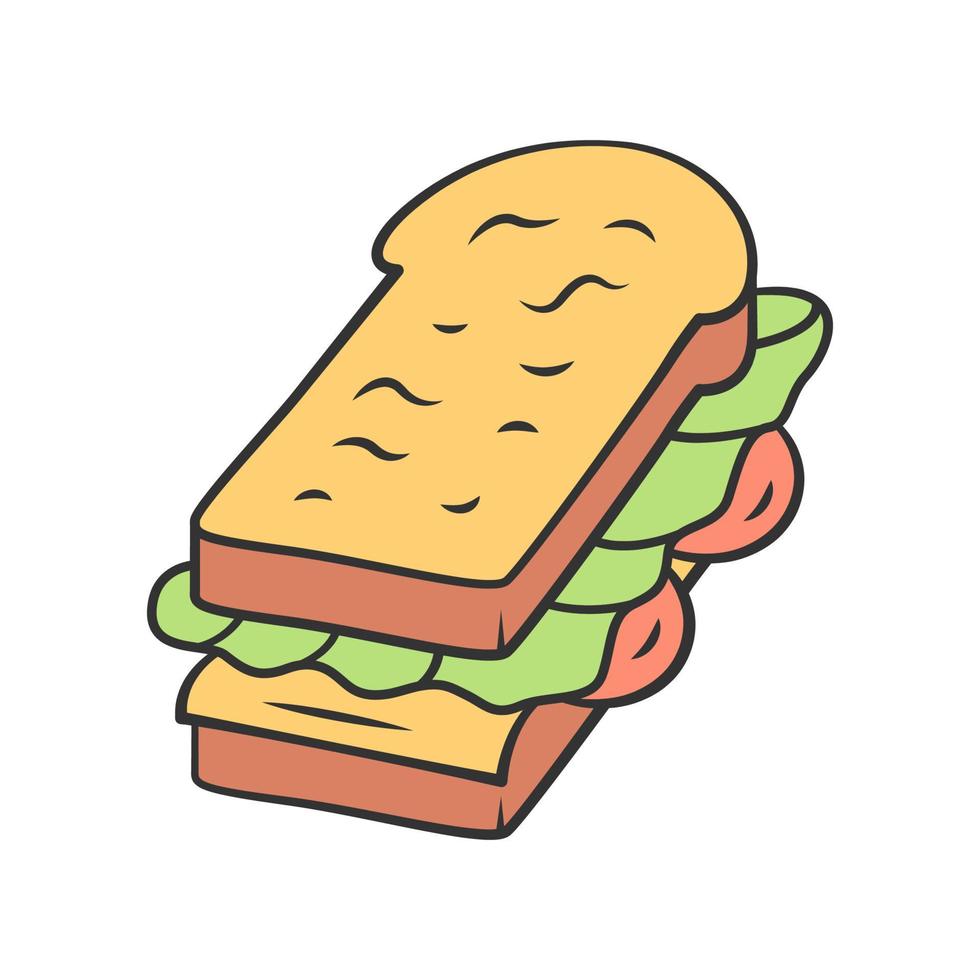 icono de color sándwich. comida rápida, desayunos, almuerzos escolares. sándwich de jamón, queso, ensalada y pan tostado. cafetería, restaurante snack, aperitivo. ilustración vectorial aislada vector