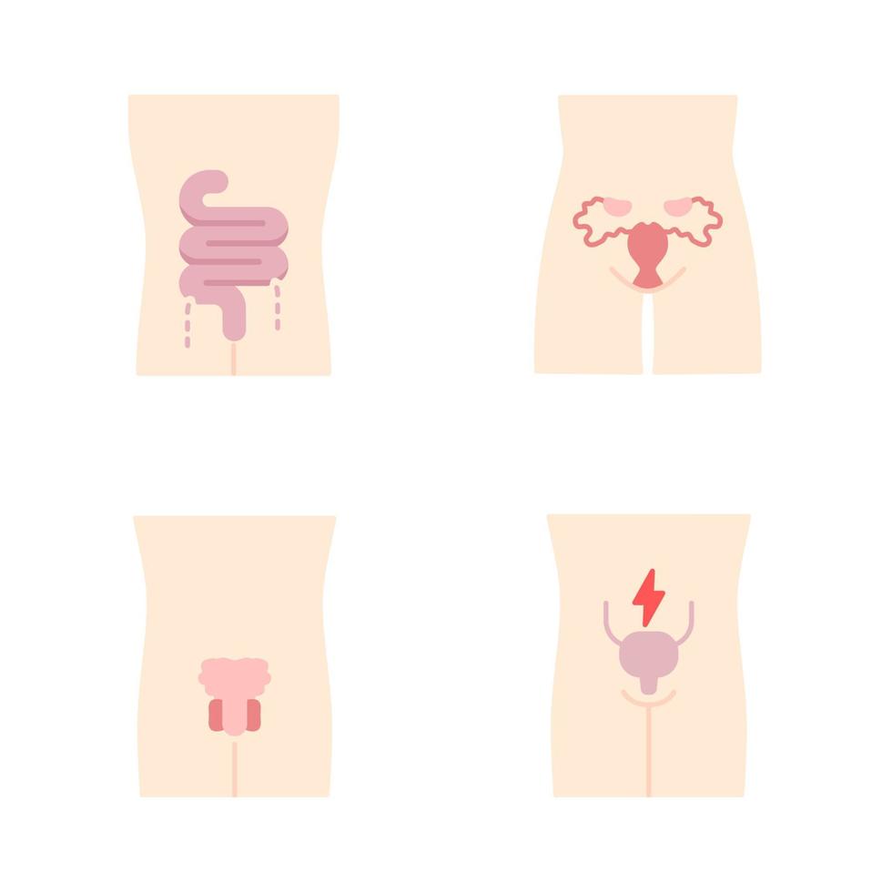 Ill human organs flat design long shadow color icons set. Sore intestines and urinary bladder. Unhealthy men reproductive systems. Infertility. Sick internal body part. Vector silhouette illustrations