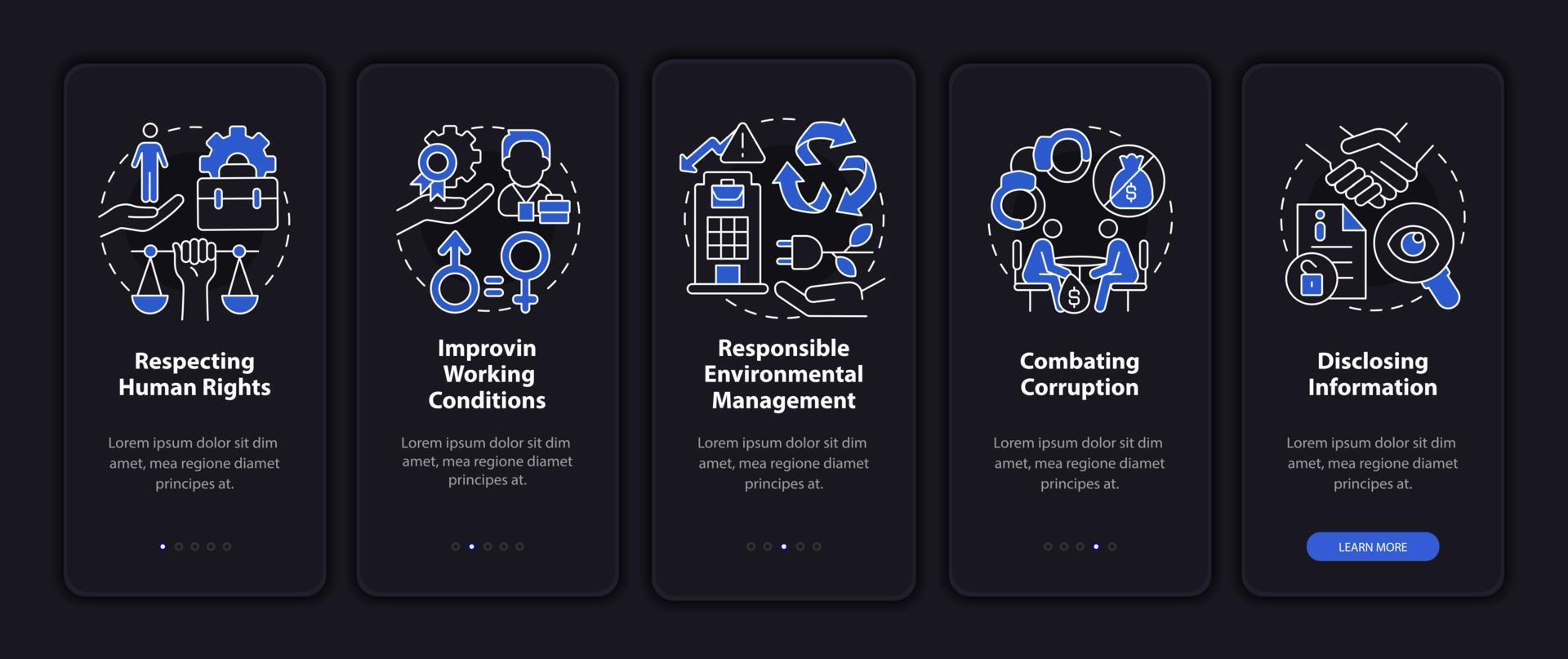 Corporate social responsibility issues dark onboarding mobile app page screen vector