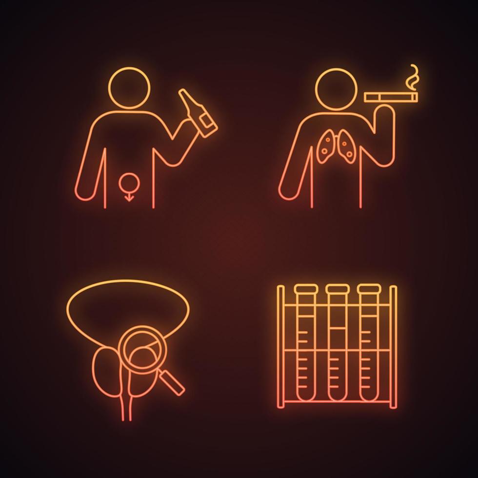 Men's health neon light icons set. Glowing signs. Lungs cancer, lab analysis, prostate exam. Smoking, alcoholism, blood test, prostate cancer test and diagnostics. Vector isolated illustrations