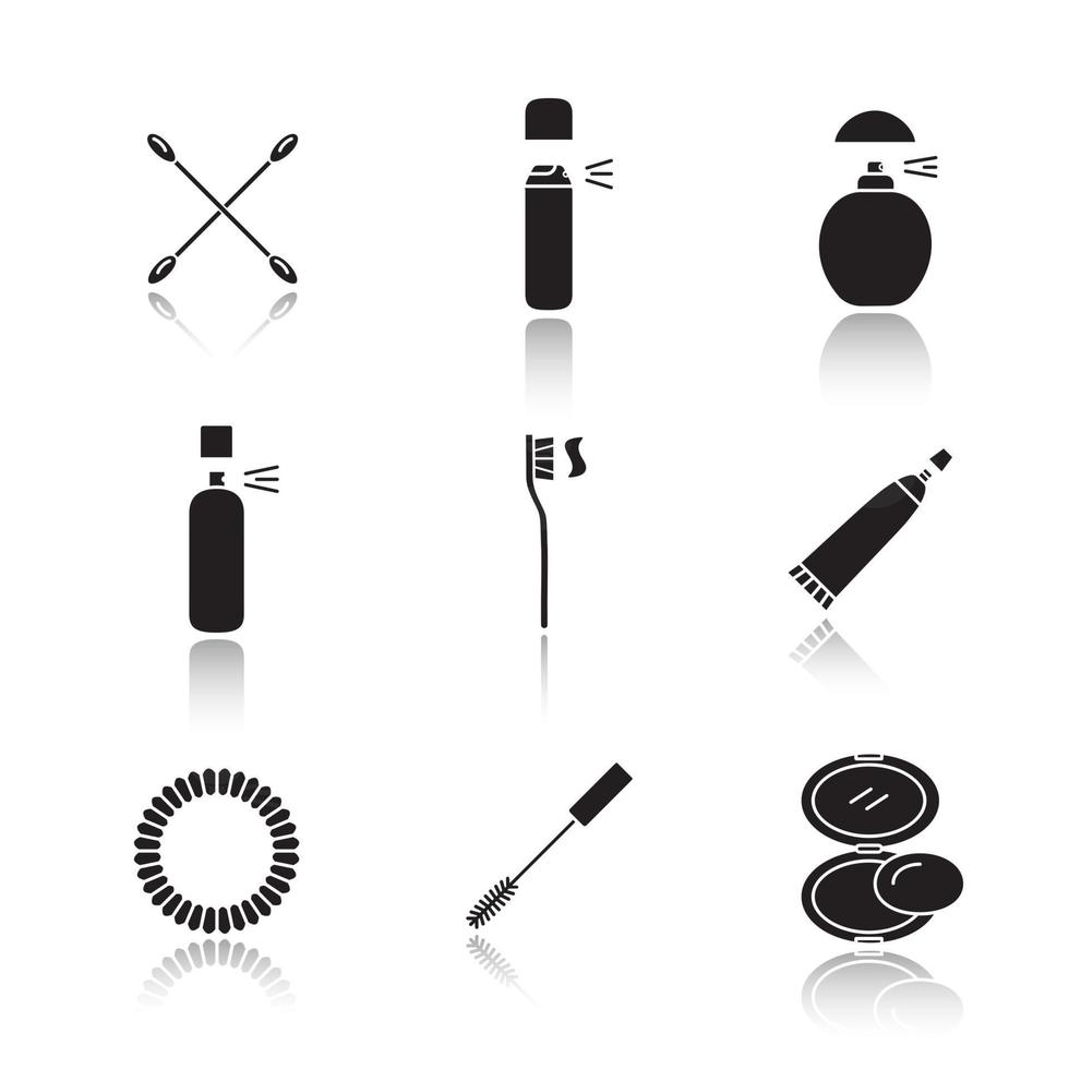 Cosmetics accessories drop shadow black glyph icons set. Earsticks, deodorant bottles, perfume, toothbrush, toothpaste, hair scrunchy, mascara, rouge. Isolated vector illustrations