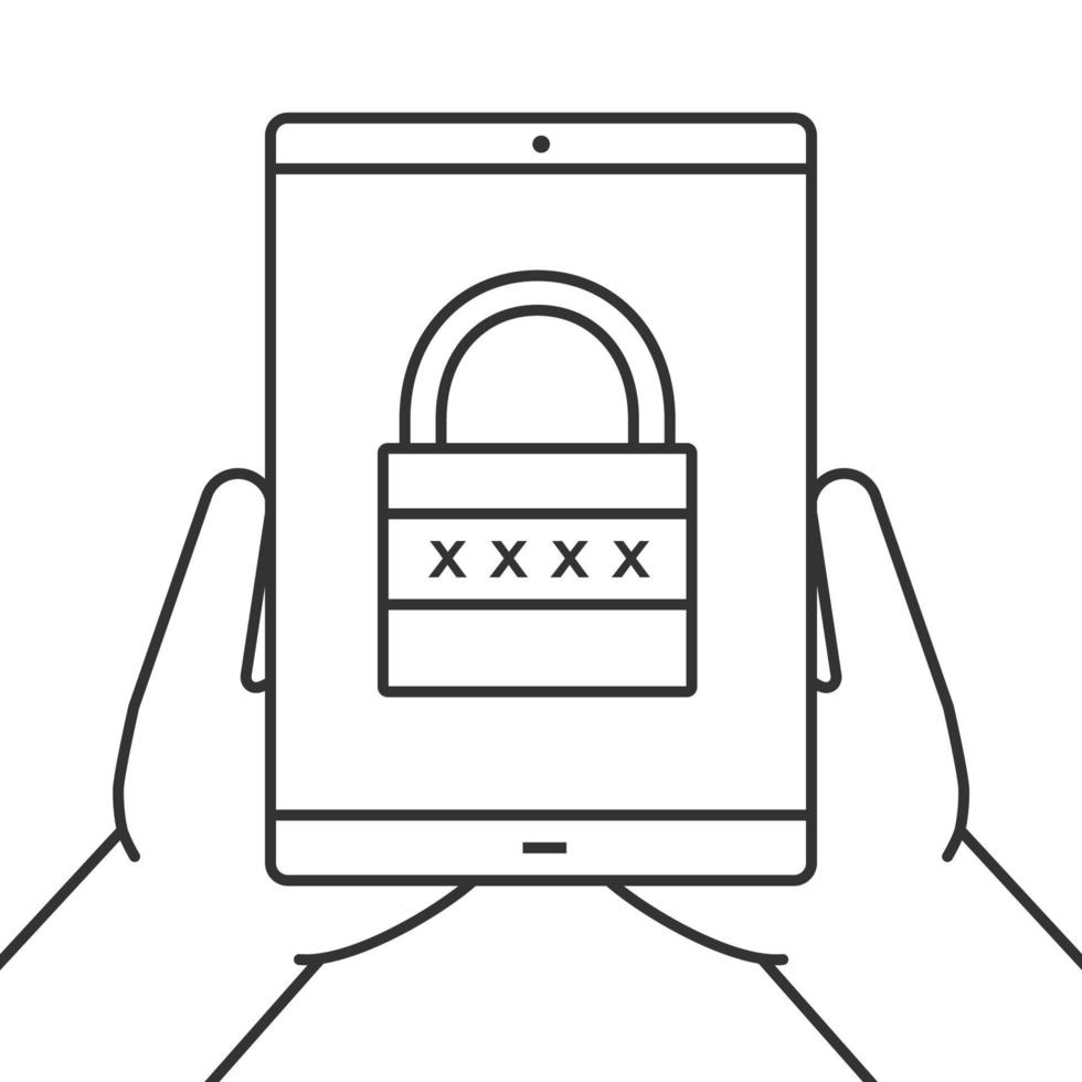 Hands holding tablet computer linear icon. Cyber security. Thin line illustration. Tablet computer with closed padlock. Contour symbol. Vector isolated outline drawing