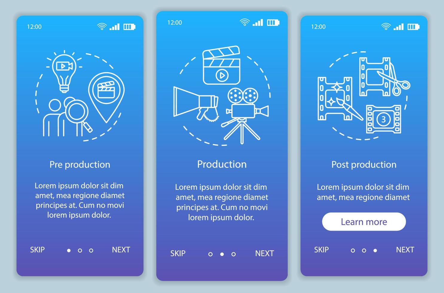 Video production onboarding mobile app page screen vector template