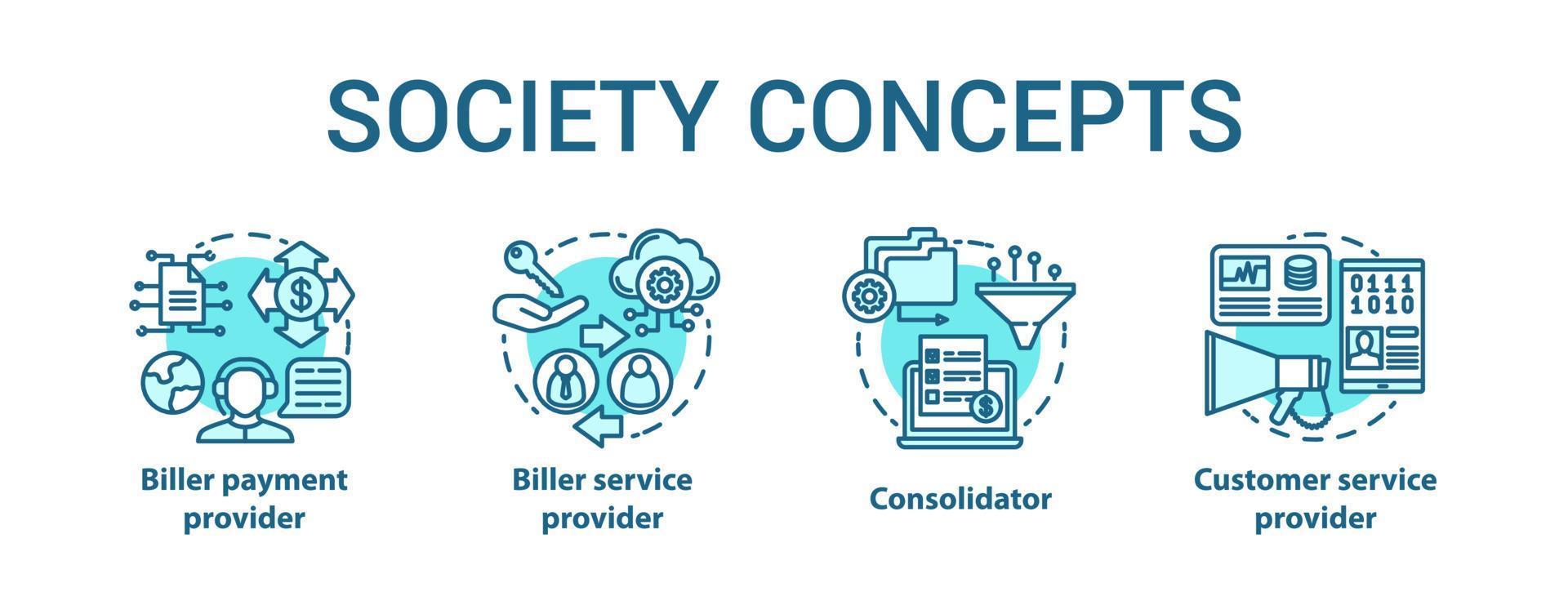 conjunto de iconos de concepto de facturación. ilustraciones de línea fina de idea de sociedad. consolidadora y atención al cliente. proveedor de servicios y pago de facturadores. comercio electrónico. dibujos de contorno aislados vectoriales. trazo editable vector