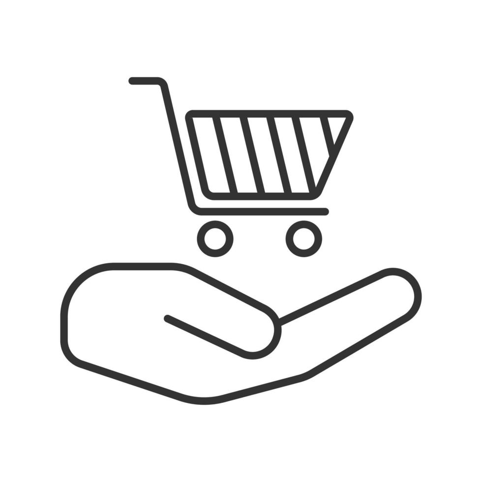 Open hand with shopping cart linear icon. Thin line illustration. Contour symbol. Easy buying. Vector isolated outline drawing
