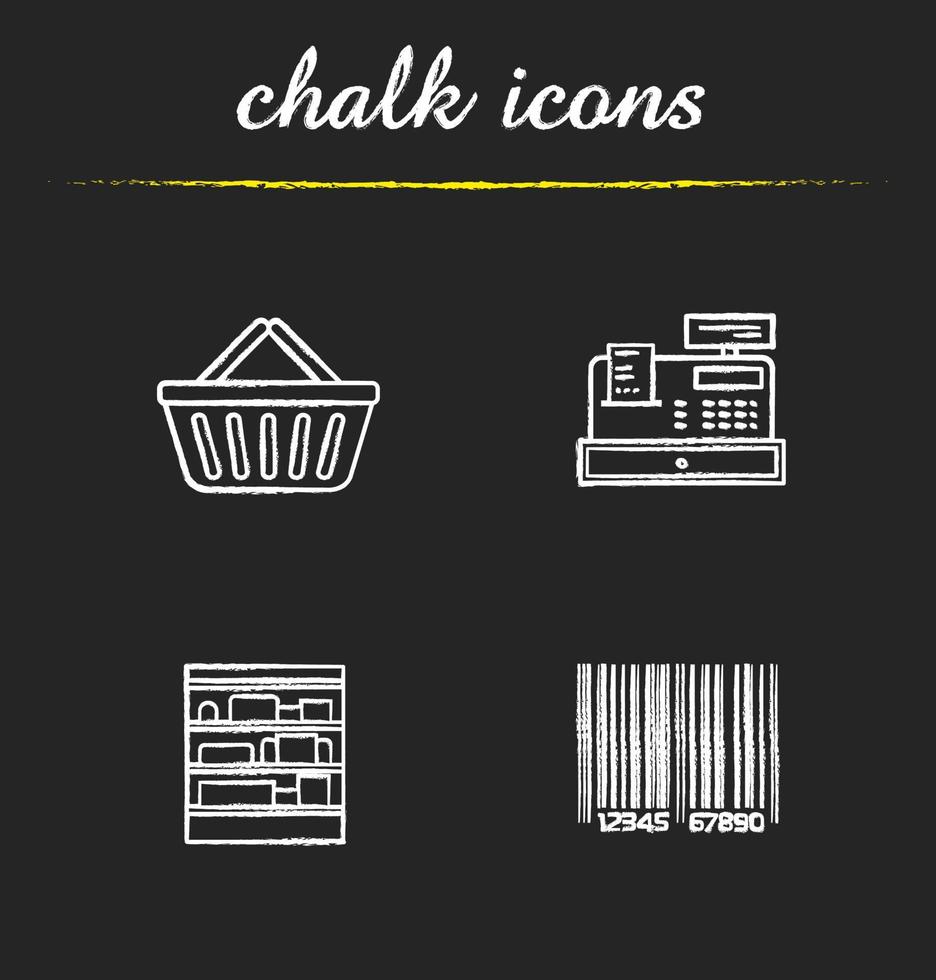 Supermarket chalk icons set. Shopping basket, cash register, bar code, shop shelves. Grocery store items. Isolated vector chalkboard illustrations