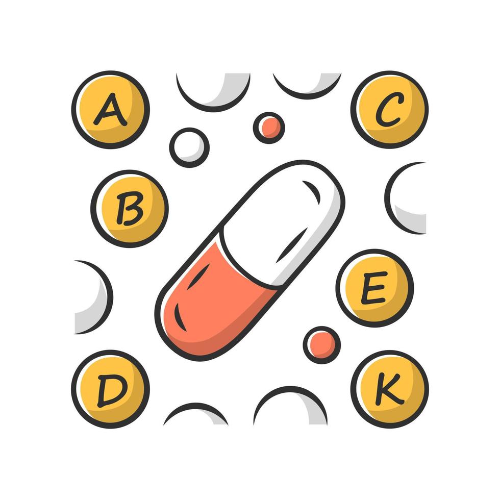 Vitamin pills color icon. A, B, C, D, E, K multi vitamins complex. Multivitamin medication. Vital minerals and antioxidants. Healthcare and medicine. Isolated vector illustration