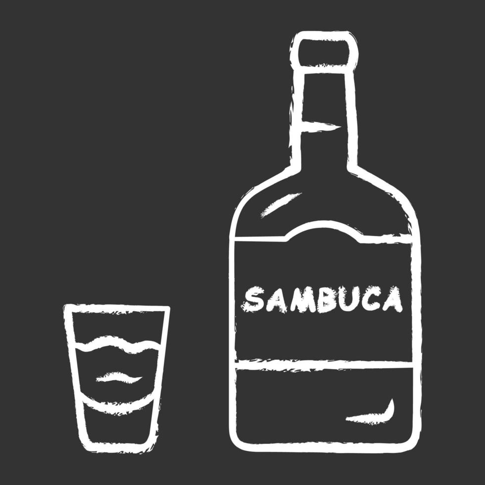 icono de tiza de sambuca. botella y vaso de chupito con bebida. licor italiano con sabor a anís. Bebida alcohólica consumida para cócteles, sola. ilustración de pizarra de vector aislado