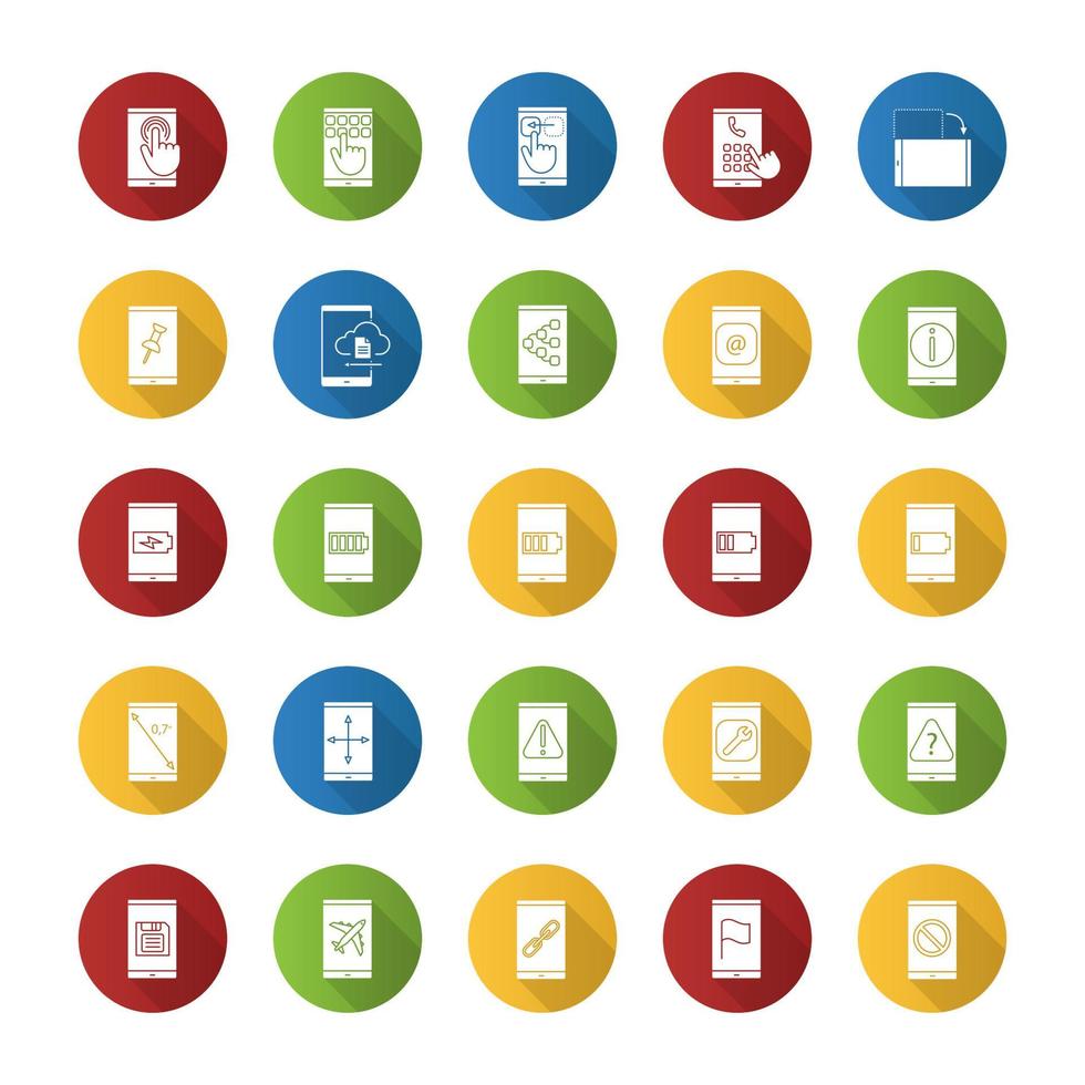 Smartphone flat design long shadow glyph icons set vector