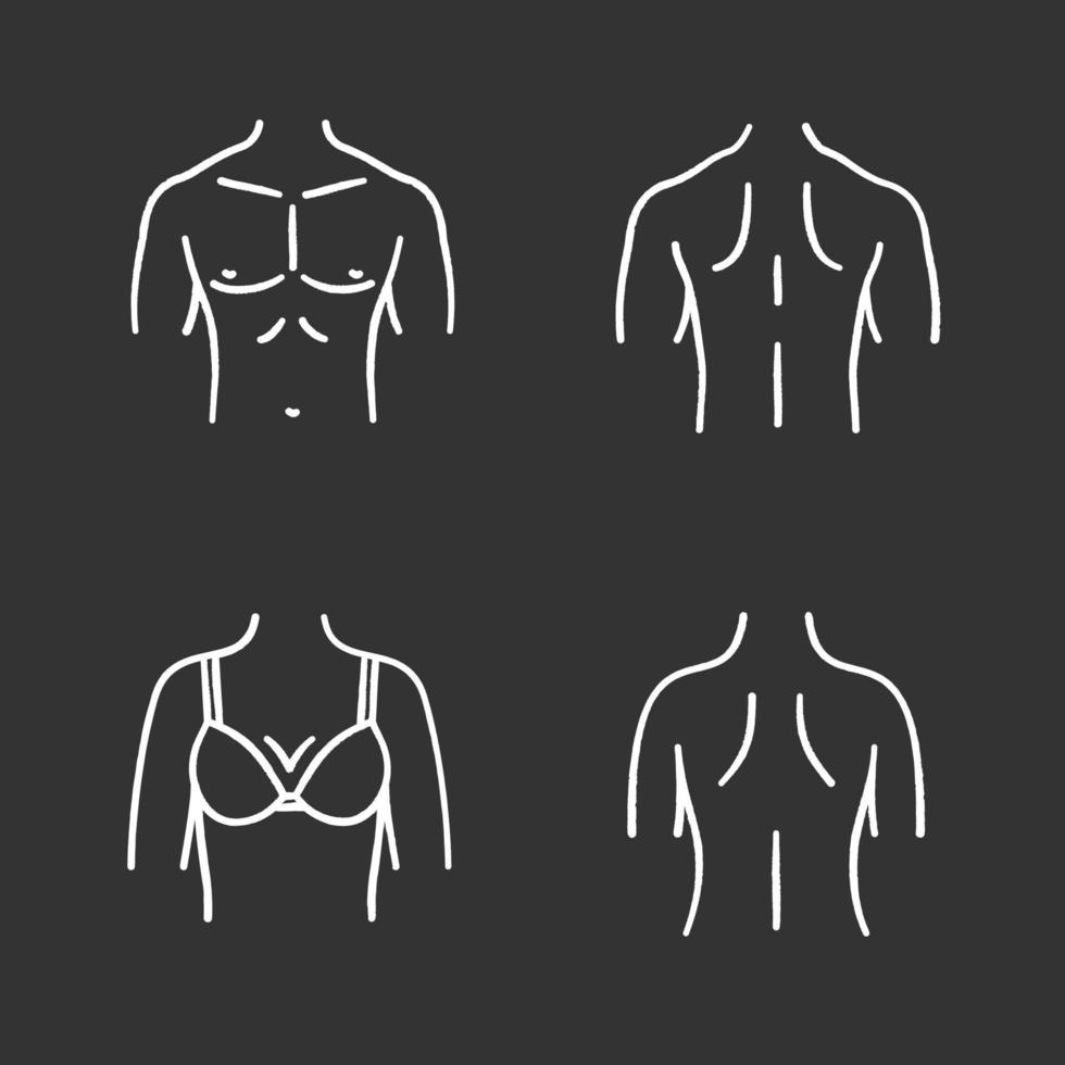 Conjunto de iconos de tiza de partes del cuerpo. espaldas masculinas y femeninas, torso musculoso, pecho de mujer. ilustraciones de pizarra vector aislado