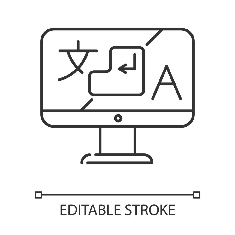 Language translation service linear icon. Desktop online dictionary. Instant machine translator application. Thin line illustration. Contour symbol. Vector isolated outline drawing. Editable stroke