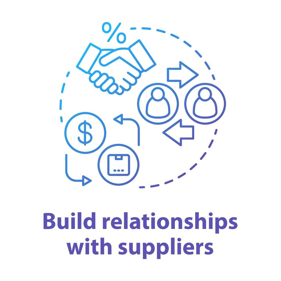 construir relaciones con los proveedores icono del concepto azul. Ilustración de línea fina de idea de acuerdo comercial. gestión de dropshipping, networking. colaboración de empresas. dibujo de contorno aislado vectorial vector