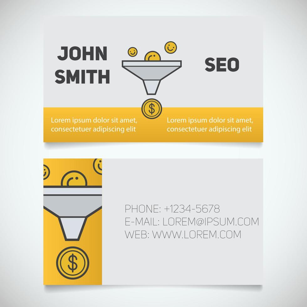 Business card print template with sales funnel logo. Marketer. Seo manager. Stationery design concept. Vector illustration