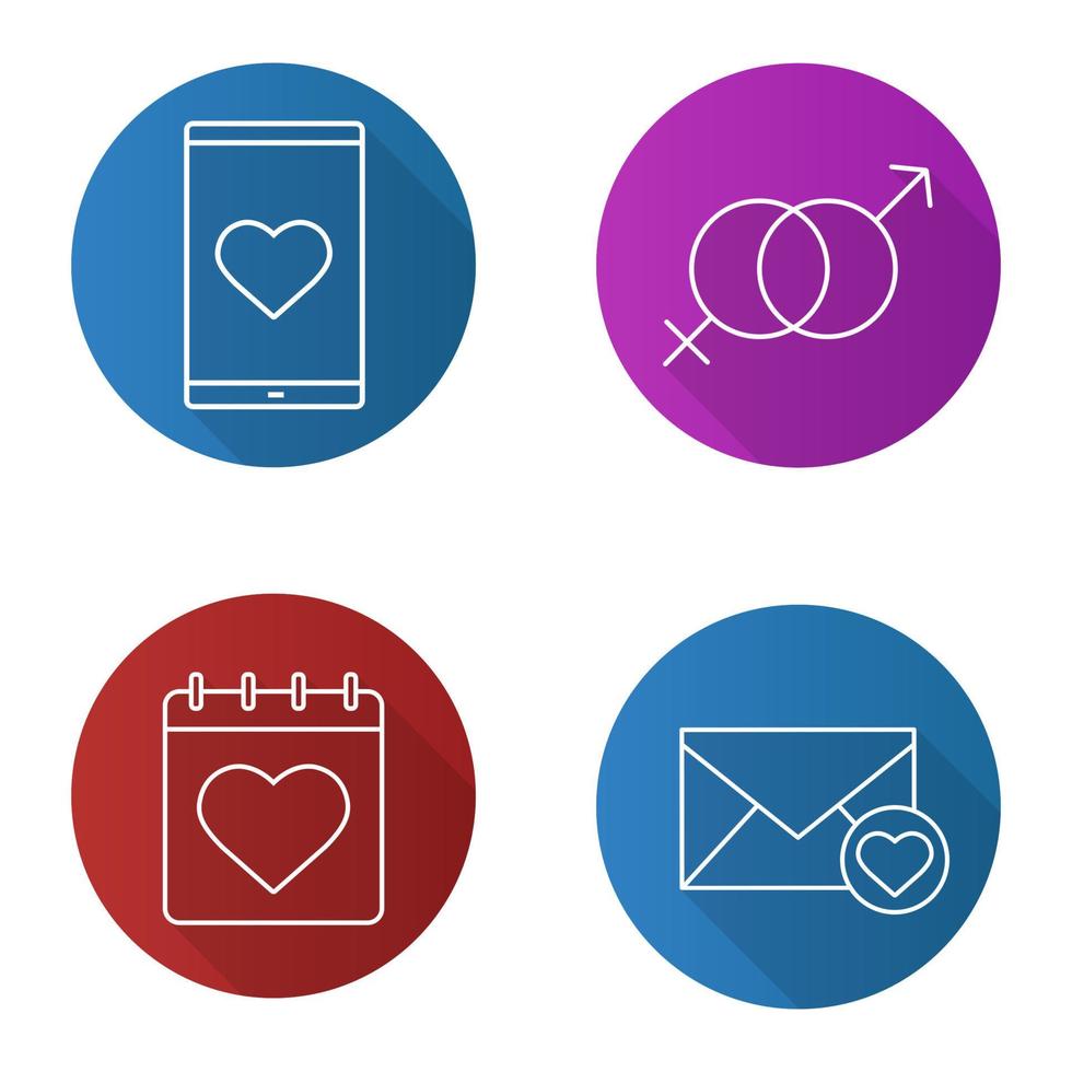 Conjunto de iconos de larga sombra lineal plana de San Valentín. 14 de febrero calendario, aplicación de citas para teléfonos inteligentes, carta de amor, símbolo sexual. ilustración de línea vectorial vector