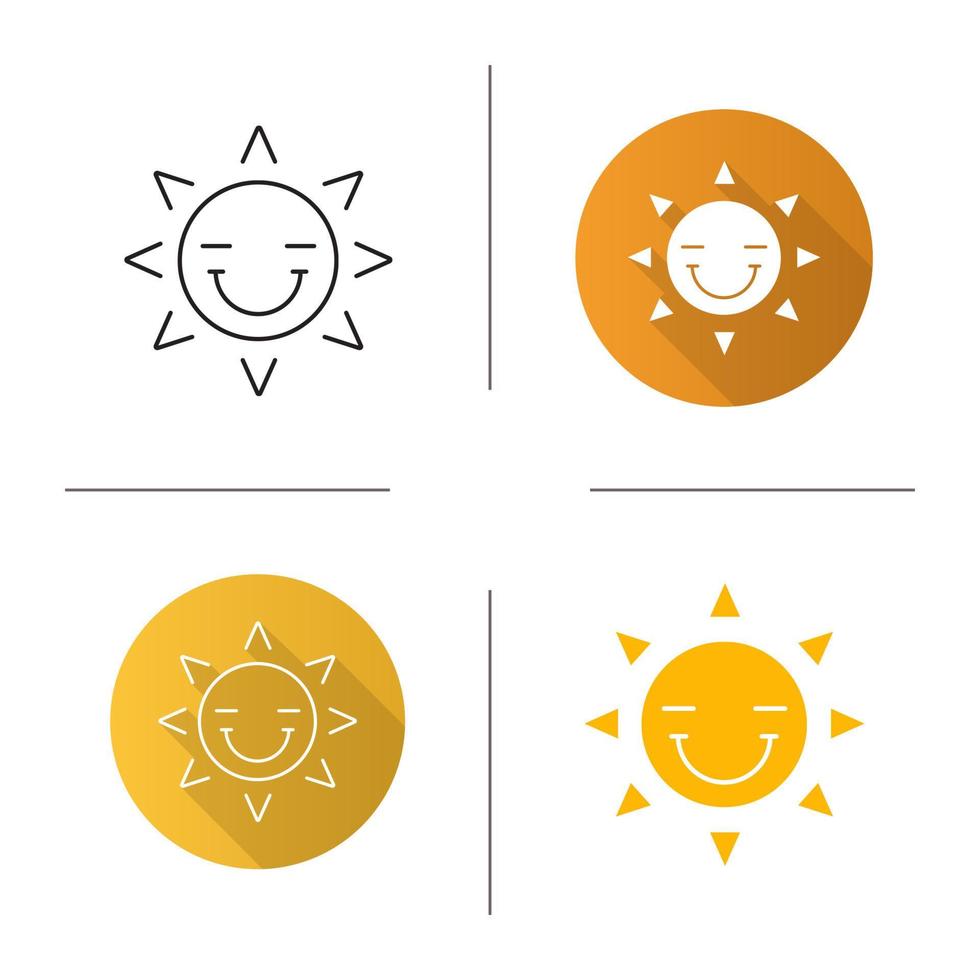 icono de sonrisa de sol feliz. diseño plano, estilos de color lineal y glifo. smiley con los ojos cerrados. buen humor. ilustraciones vectoriales aisladas vector