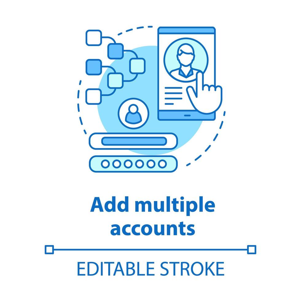 Add multiple accounts blue concept icon. Create new user profile idea thin line illustration. Webpage subscription. Social network authorization. Vector isolated outline drawing. Editable stroke