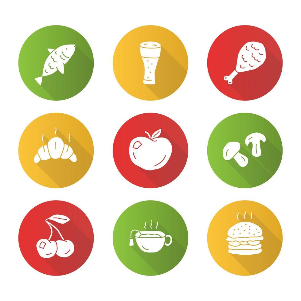 Food and drinks flat design long shadow glyph icons set. Burger, chicken leg and beer. Eating and beverages vector silhouette illustration. Fish, cherry and apple. Croissant, hot tea and mushrooms