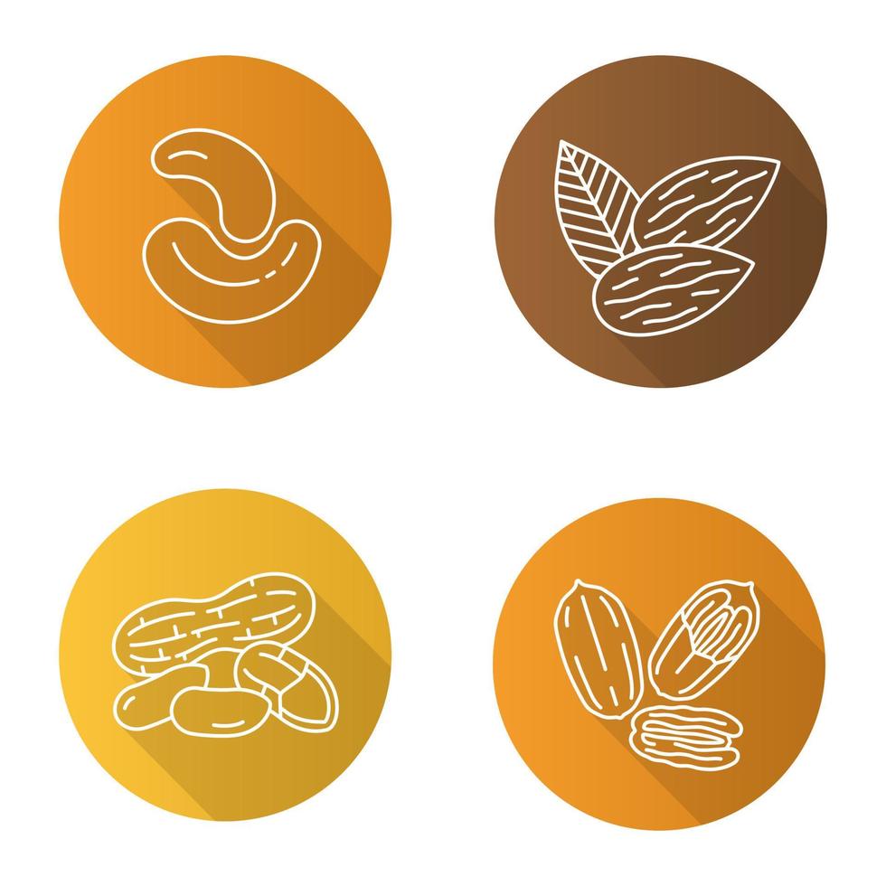 Nuts flat linear long shadow icons set. Almond, peanut, cashew and pecan nuts. Vector outline illustration