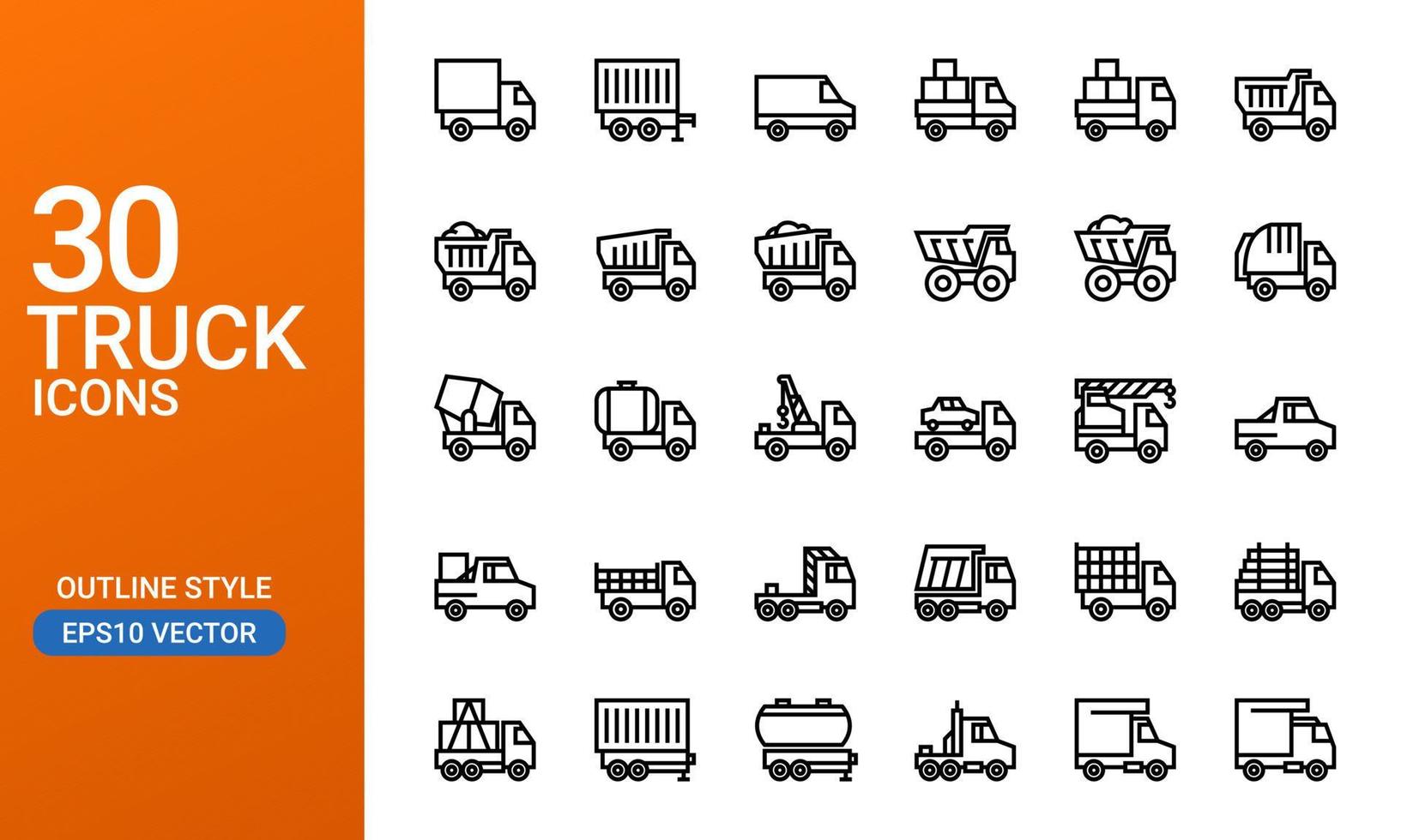 A collection of outlined icons from various types of trucks. Freight trucks and mining trucks icon set. Suitable for design elements of transportation services, cargo delivery, and mining. vector