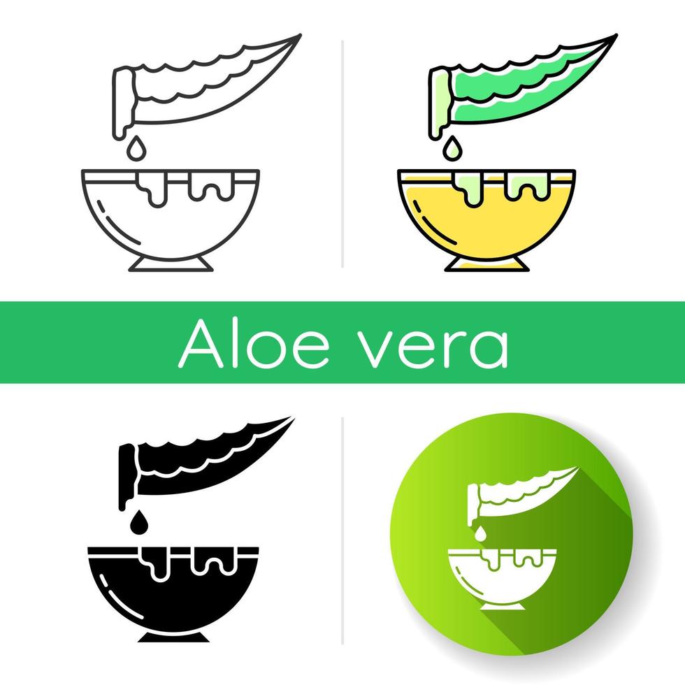 Plant extract icon. Cut medicinal herb thorn with bowl. Sliced aloe vera leaf with jar. Dermatology and healthy skincare. Linear black and RGB color styles. Isolated vector illustrations