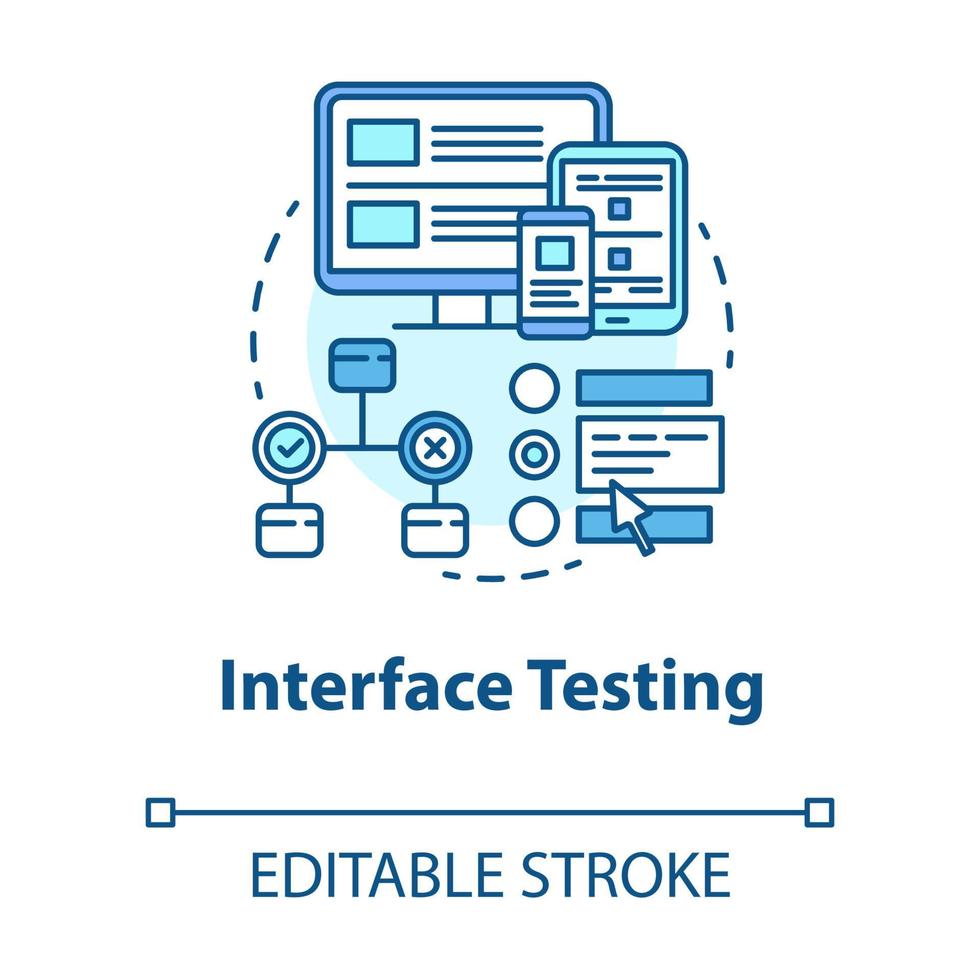 icono de concepto de prueba de interfaz. ux, ui comprobar idea ilustración de línea fina. etapa de desarrollo de software. programación y codificación de aplicaciones. se proyecta. dibujo de contorno aislado vectorial. trazo editable vector