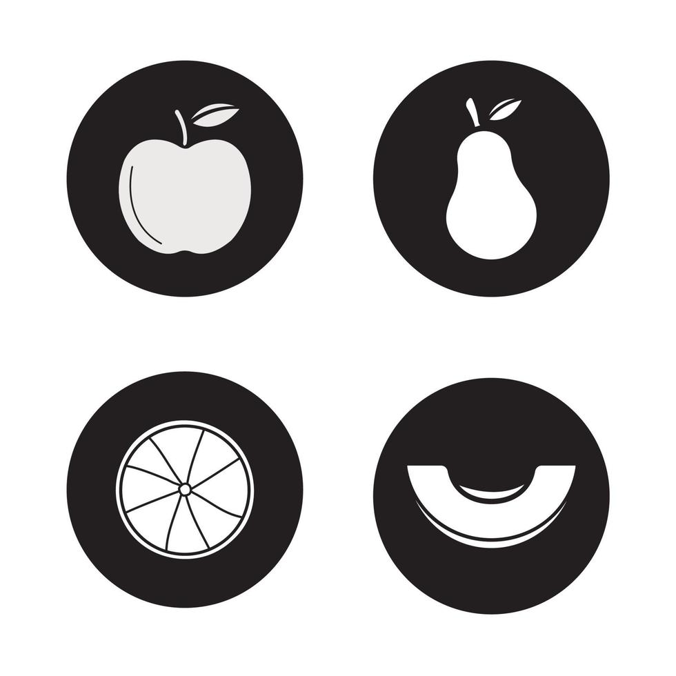 Fruit icons set. Apple, pear, cutted orange, melon slice. Vector white silhouettes illustrations in black circles