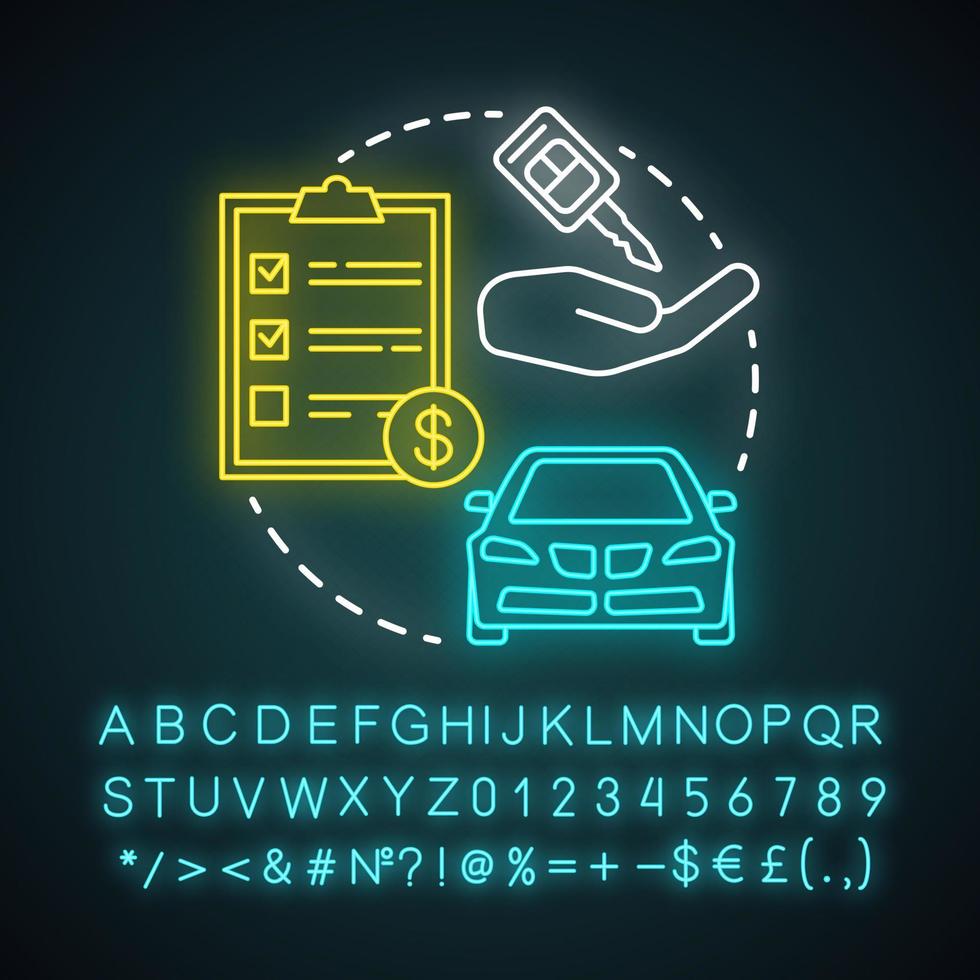 icono de luz de neón de alquiler de coches. alquiler de automóviles, leasing. alquiler de auto. viaje. transporte de auto personal. coche de vacaciones. signo brillante con alfabeto, números y símbolos. vector ilustración aislada