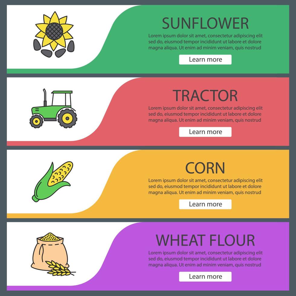 Agriculture web banner templates set. Sunflower, tractor, corn, wheat flour. Website color menu items. Vector headers design concepts