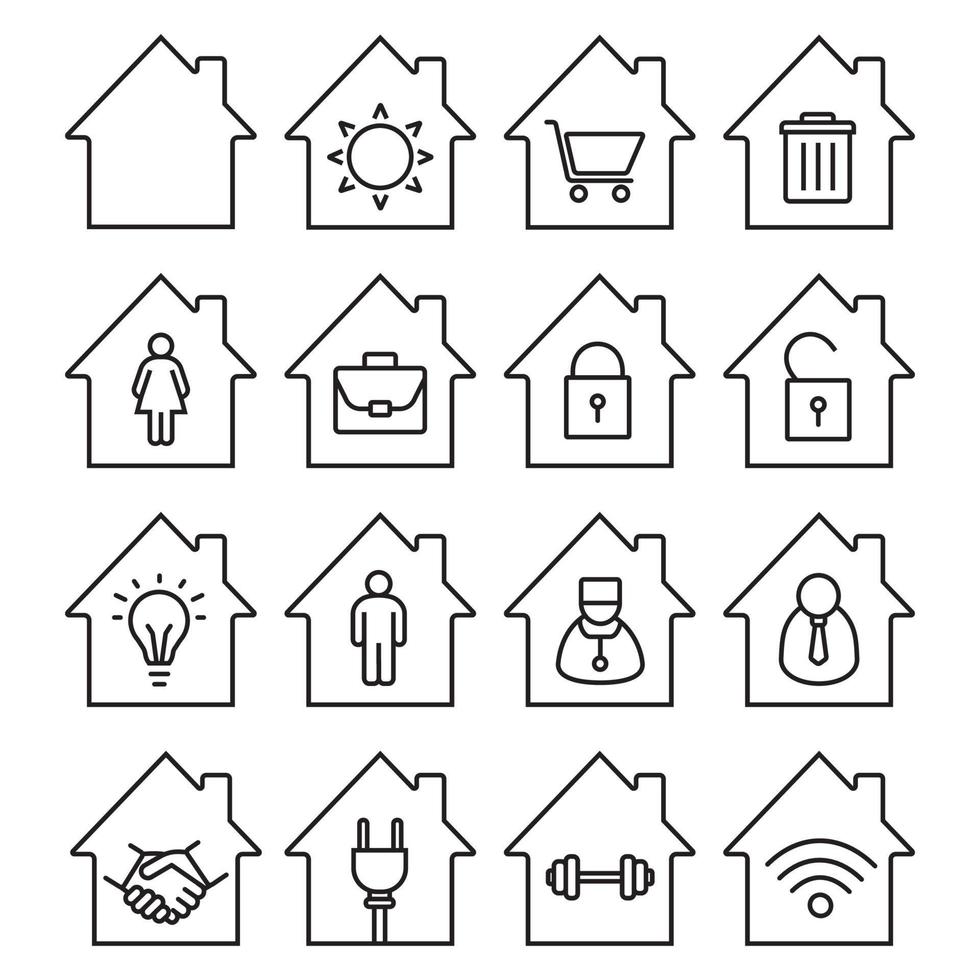 Houses linear icons set. Thin line contour symbols. Home buildings with sun, shopping cart, wastebasket, man and woman, briefcase inside. Isolated vector outline illustrations