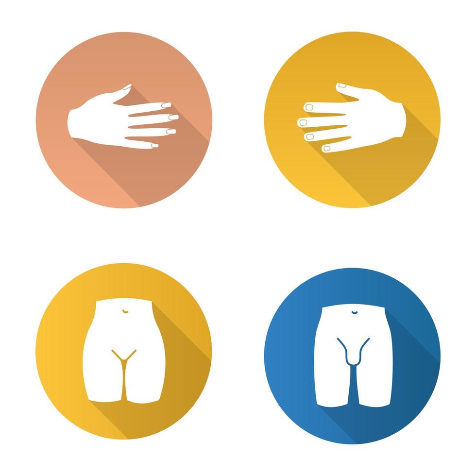 Conjunto de iconos de glifo de larga sombra de diseño plano de partes del cuerpo. manos masculinas y femeninas, zona del bikini, ingle del hombre. ilustración de silueta de vector