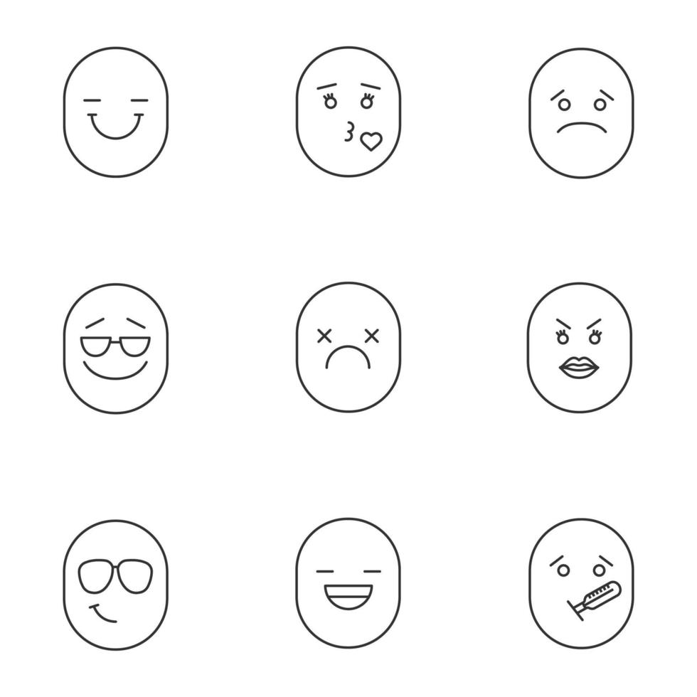 Smiles linear icons set. Thin line contour symbols. Good and bad mood. Smiling, kissing, sad, cool, dead, angry, laughing, sick emoticons. Isolated vector outline illustrations