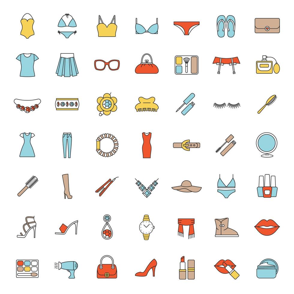 Women's accessories color icons set. Clothes, cosmetics, jewelry, footwear and manicure equipment. Ladies fashion. Isolated vector illustrations