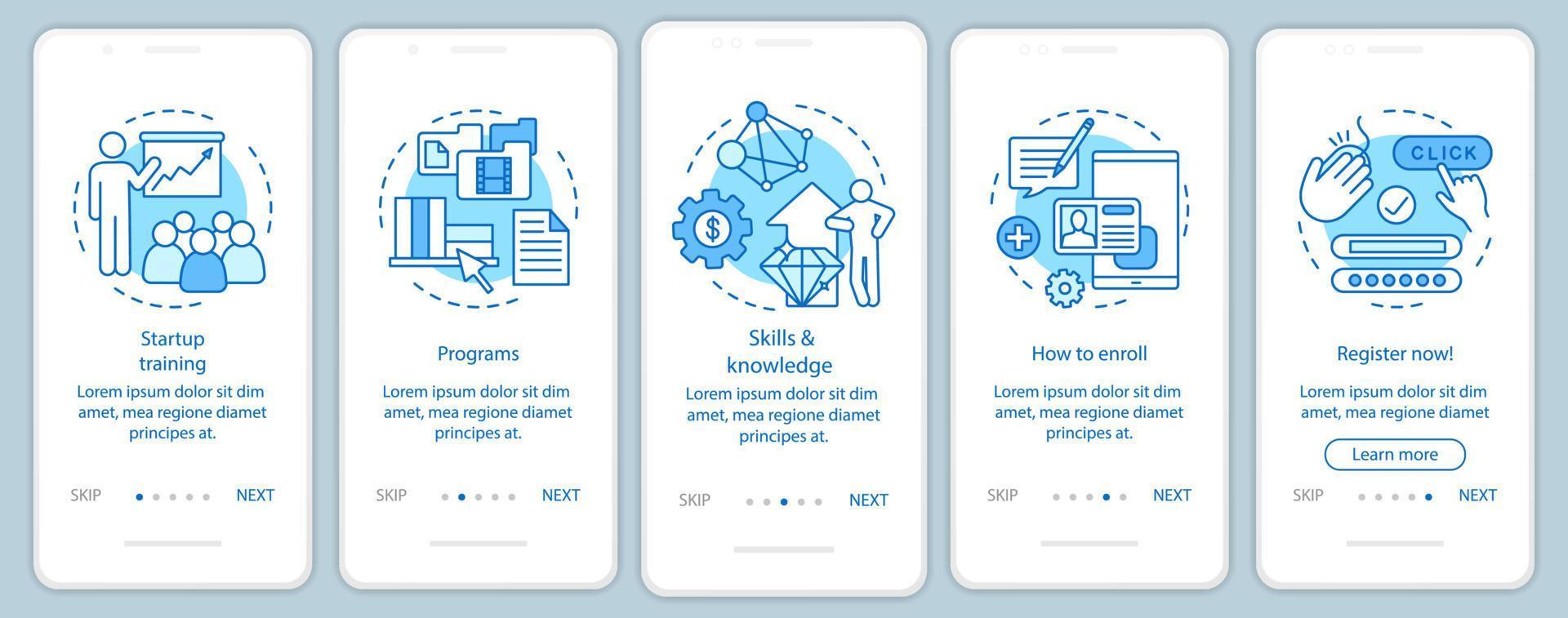 Startup education onboarding mobile app page screen with linear concepts vector