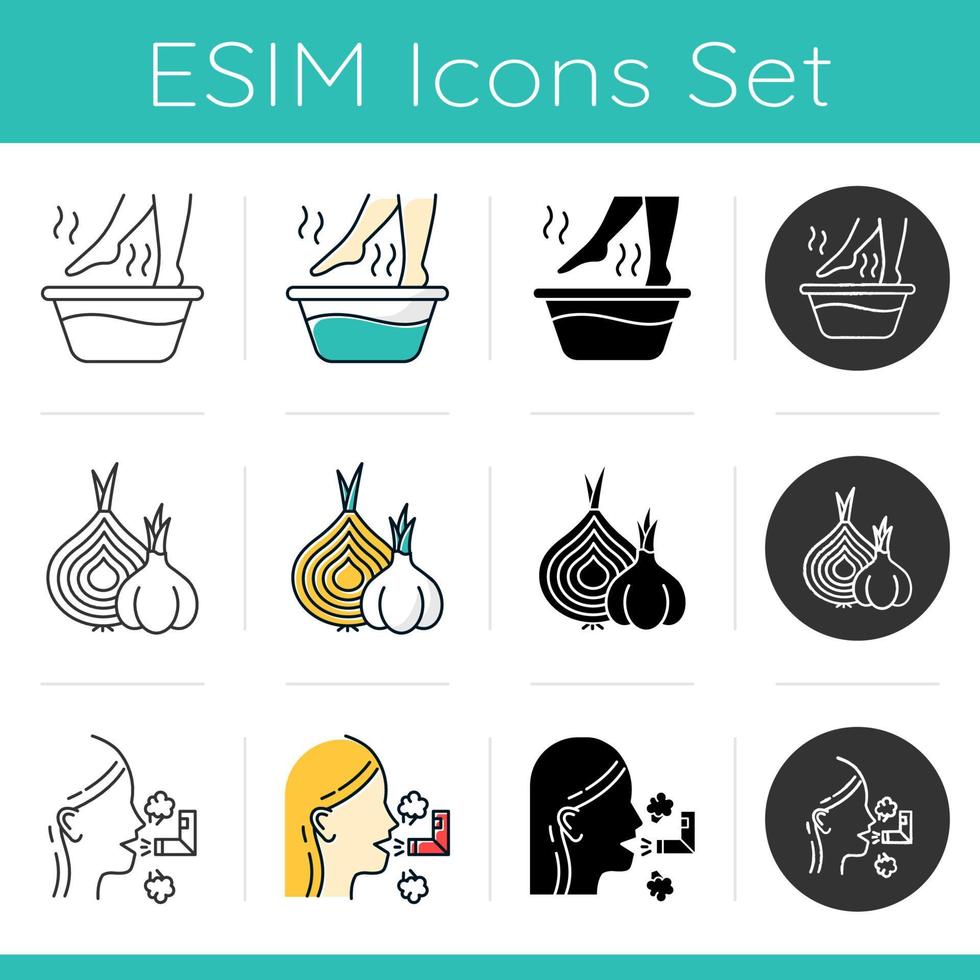 Common cold icons set. Hot foot bath. Onion and garlic. Inhalation. Influenza virus cure. Disease aid. Healthcare. Flat design, linear, black and color styles. Isolated vector illustrations