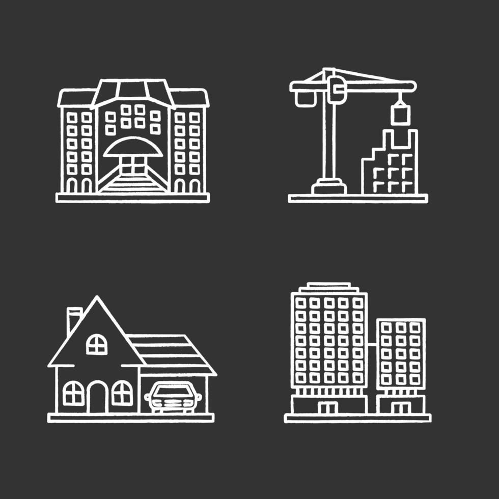 Conjunto de iconos de tiza de edificios de la ciudad. hotel, grúa torre, cabaña, centro de negocios. ilustraciones de pizarra vector aislado