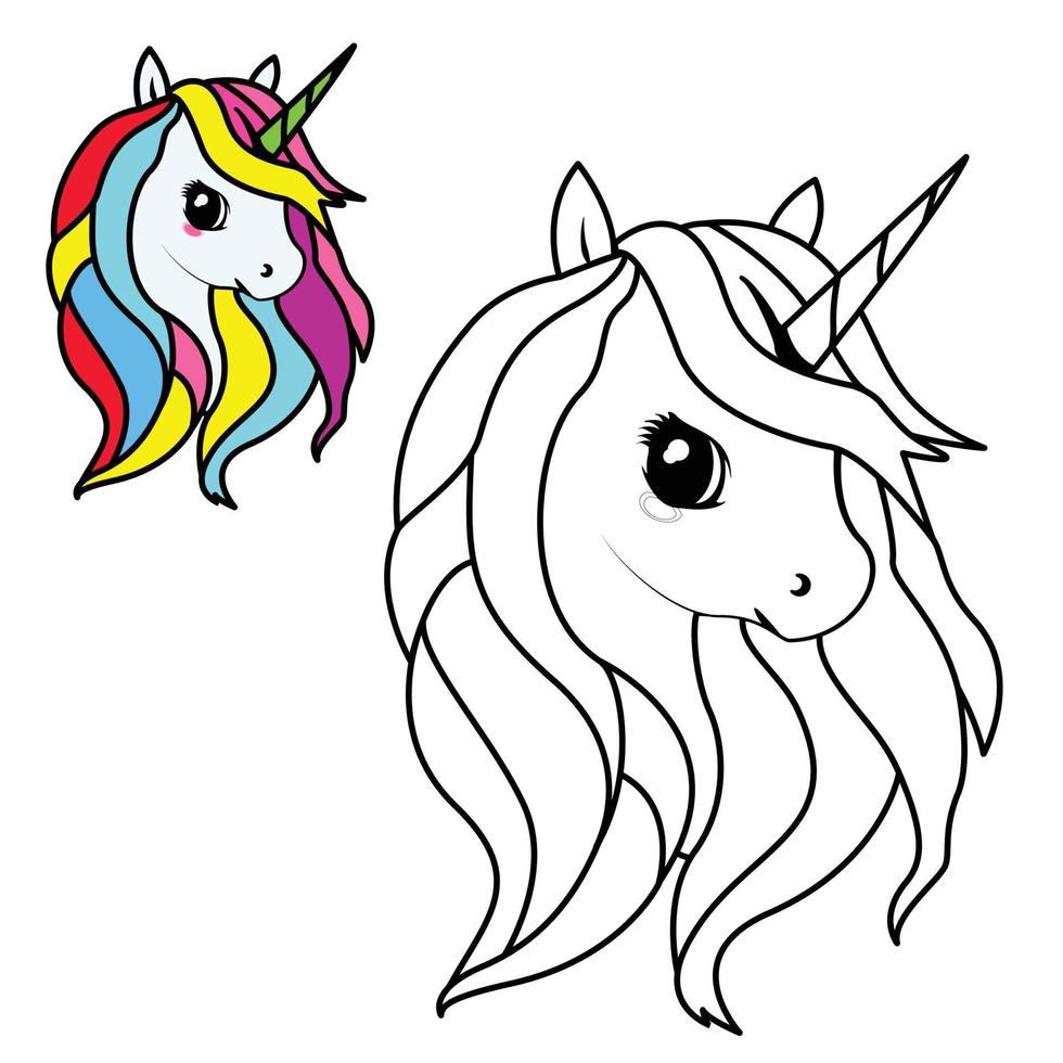 Página para colorear de cabeza de unicornio de dibujos animados lindo. tema de boceto de ilustración vector