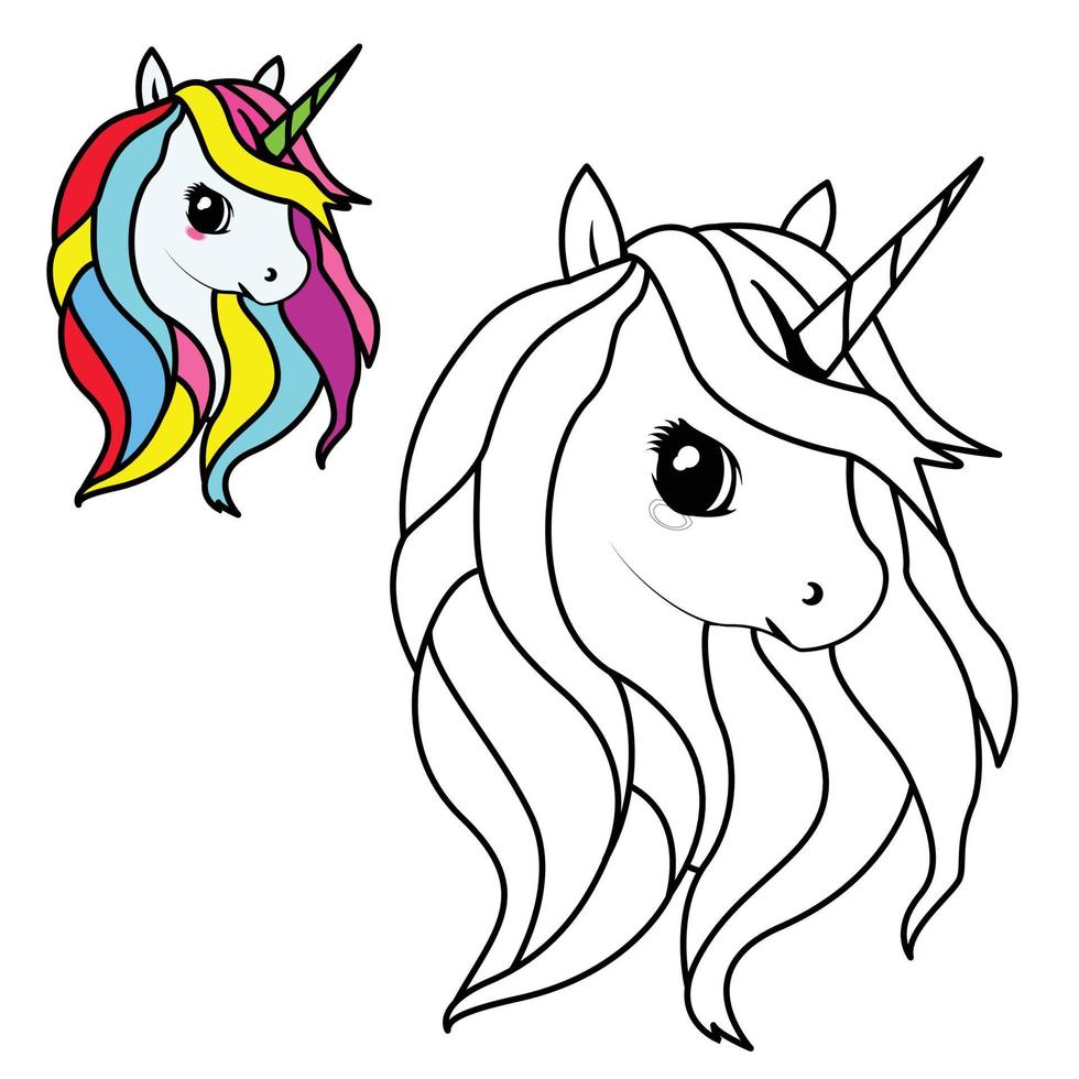 Cute cartoon unicorn head coloring page. Illustration sketch theme vector