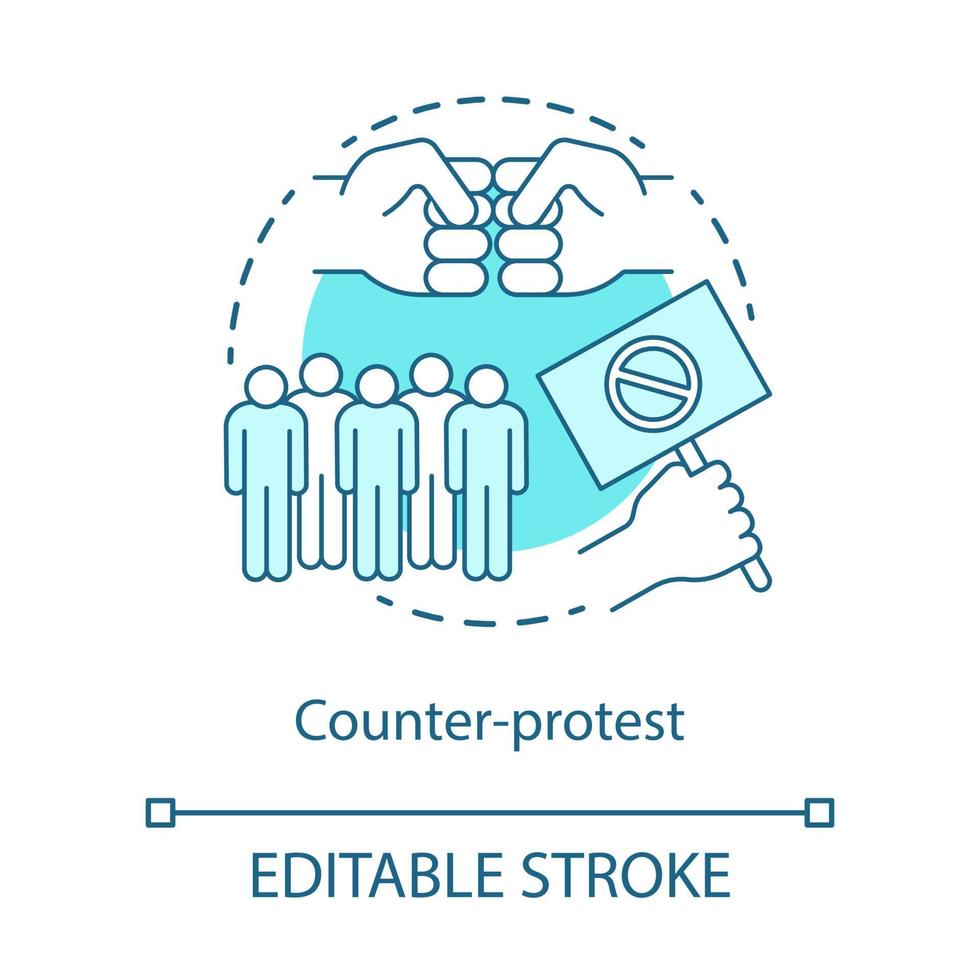 Counter protest concept icon. Public confrontation, disagreement manifestation idea thin line illustration. Hand holding placard, fists and crowd vector isolated outline drawing. Editable stroke