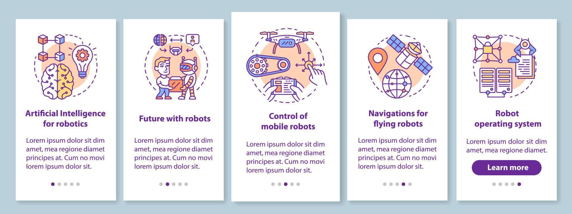 Robotics courses onboarding mobile app page screen with linear concepts. Learning robot control walkthrough steps graphic instructions. UX, UI, GUI vector template with illustrations