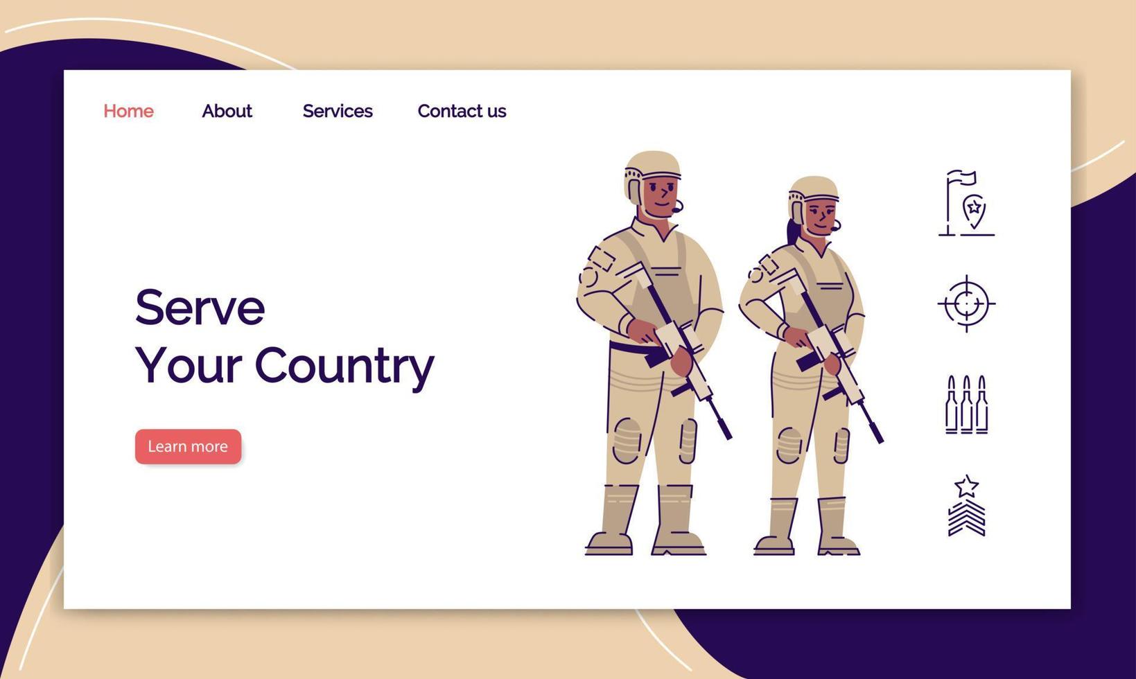 Army service landing page vector template. US soldiers website interface idea with flat illustrations. Military force homepage layout. Professional officers web banner, webpage cartoon concept