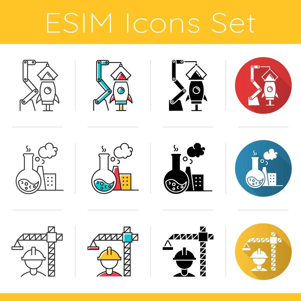 Industry types icons set. Aerospace, chemical, construction sectors of economy. Technology development. Flat design, linear, black and color styles. Isolated vector illustrations