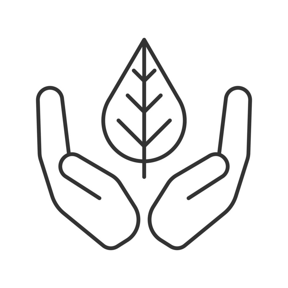 Open palms with leaf linear icon. Environment protection. Thin line illustration. Nature care. Contour symbol. Vector isolated outline drawing