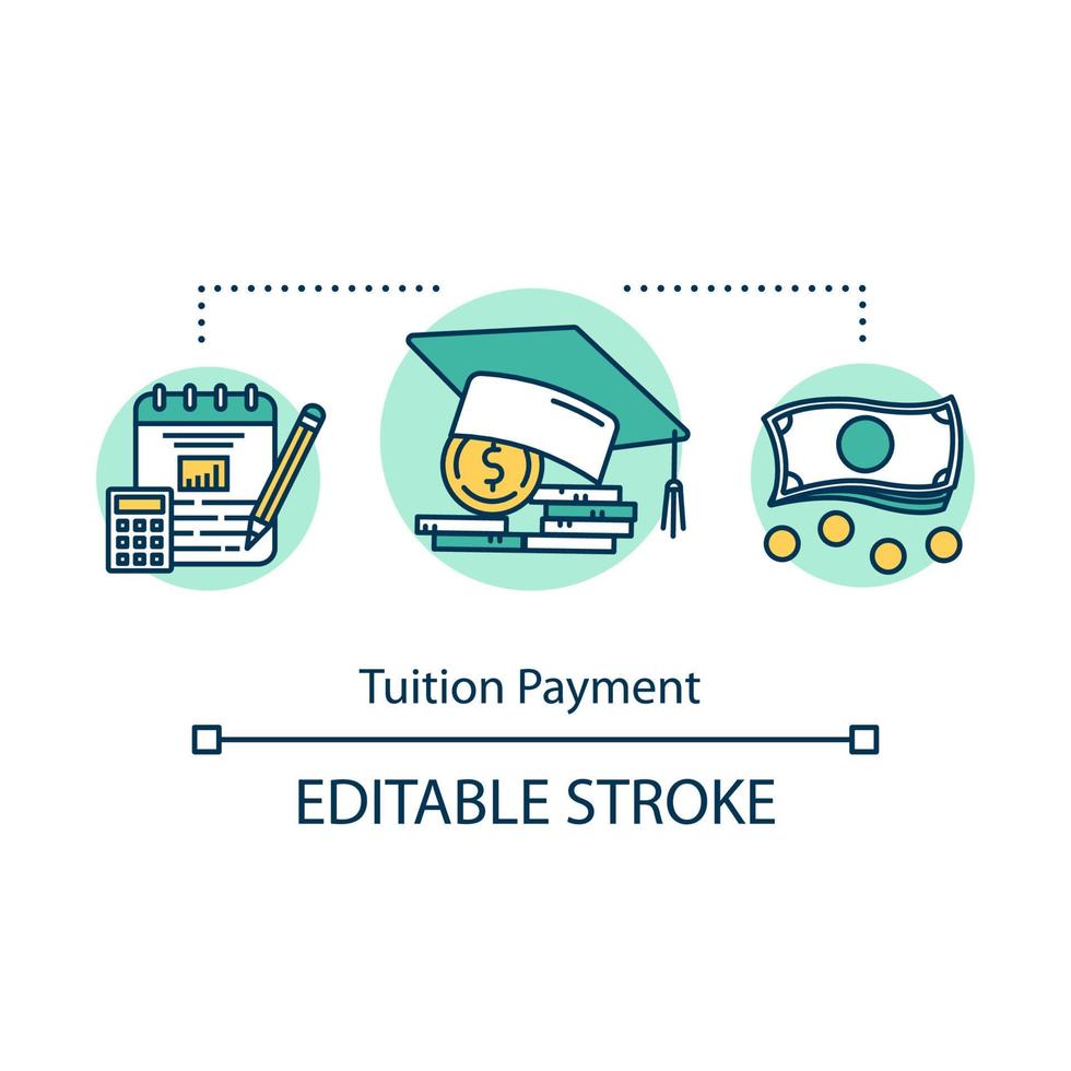 Tuition payment concept icon. Financial grant for education. Schooling cost. Knowledge investment. College savings fund idea thin line illustration. Vector isolated outline drawing. Editable stroke