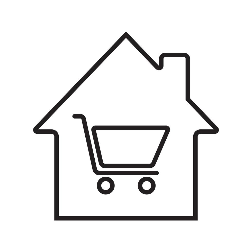 Household goods store linear icon. House with shopping cart inside. Thin line illustration. House shop contour symbol. Vector isolated outline drawing