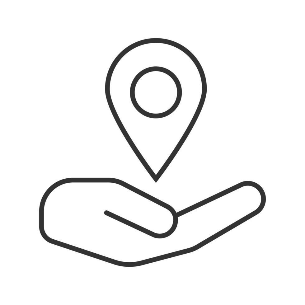 Open hand with map pinpoint linear icon. GPS navigation. Thin line illustration. Contour symbol. Vector isolated outline drawing