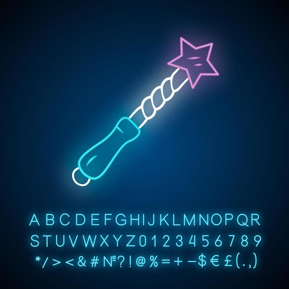 Witch wand neon light icon. Wizard magic wand, fairy wooden stick. Magician, sorcerer item. Witchcraft and sorcery Halloween magical tool. Glowing alphabet, numbers. Vector isolated illustration